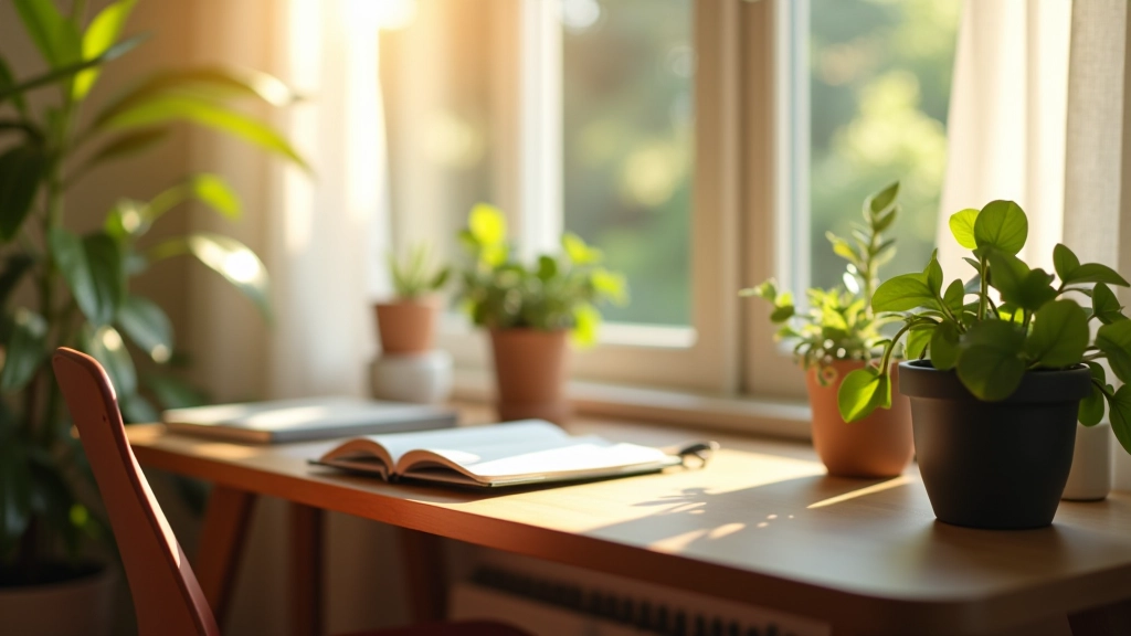 Espace de travail paisible avec plantes vertes, une chaise confortable, et une fenêtre offrant une vue apaisante