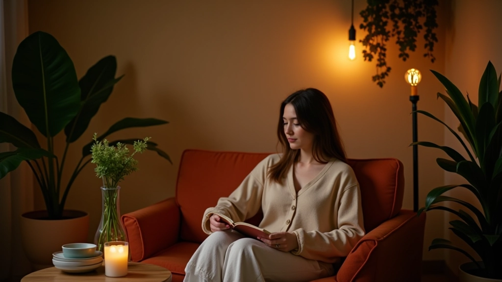 Canapé confortable dans un espace de repos, lumière tamisée apaisante