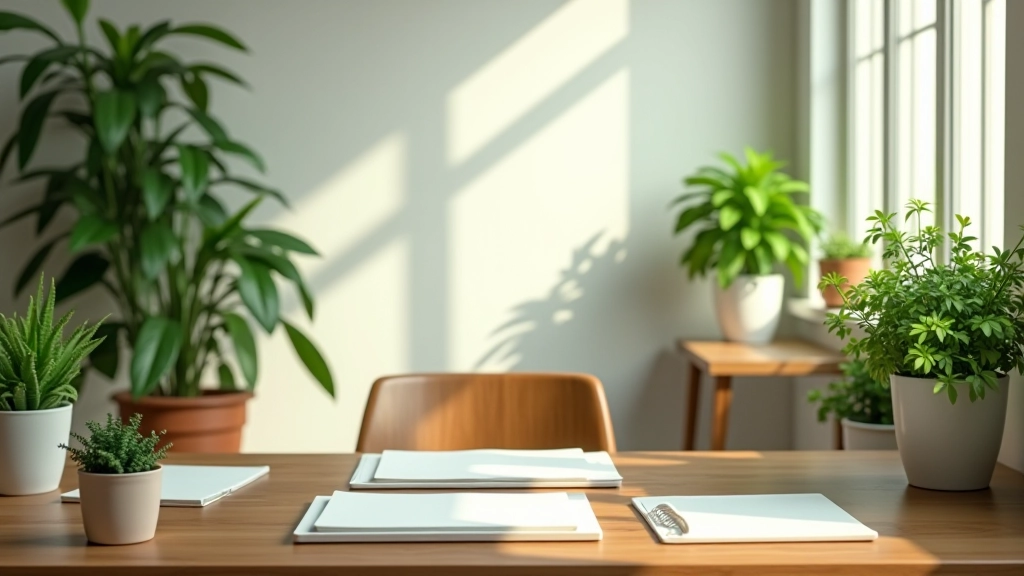 Espace de travail calme avec plantes vertes, lumière naturelle douce, bureau bien organisé