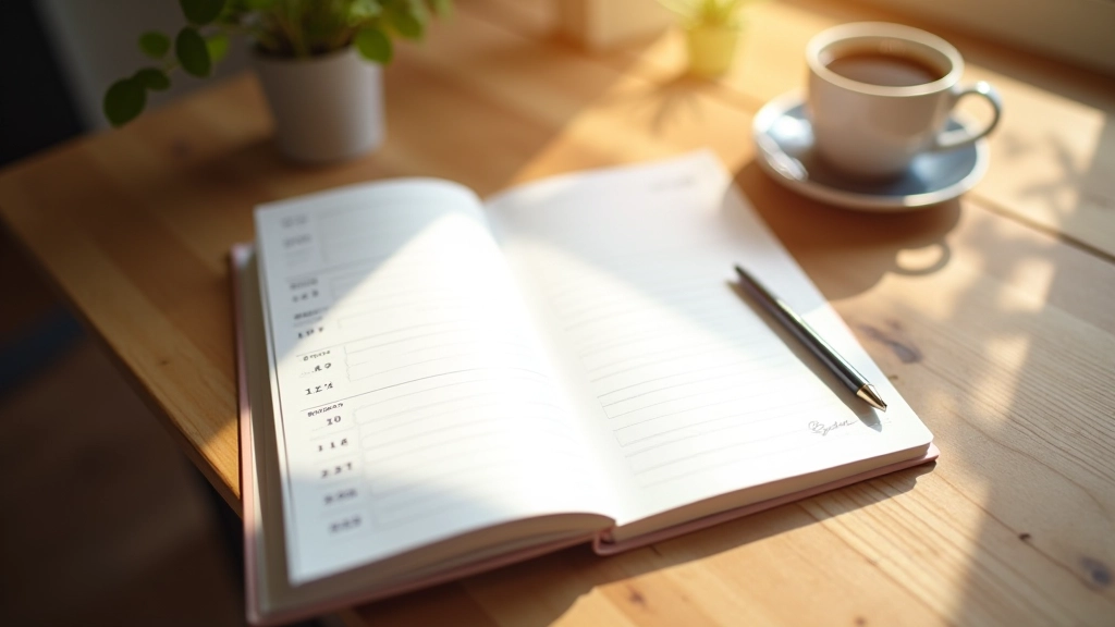 Agenda ouvert sur un bureau avec un crayon et une tasse de café, lumière naturelle du matin