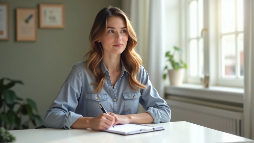 Personne assise à un bureau avec un regard pensif, entourée de notes colorées et de carnets, dans un environnement calme